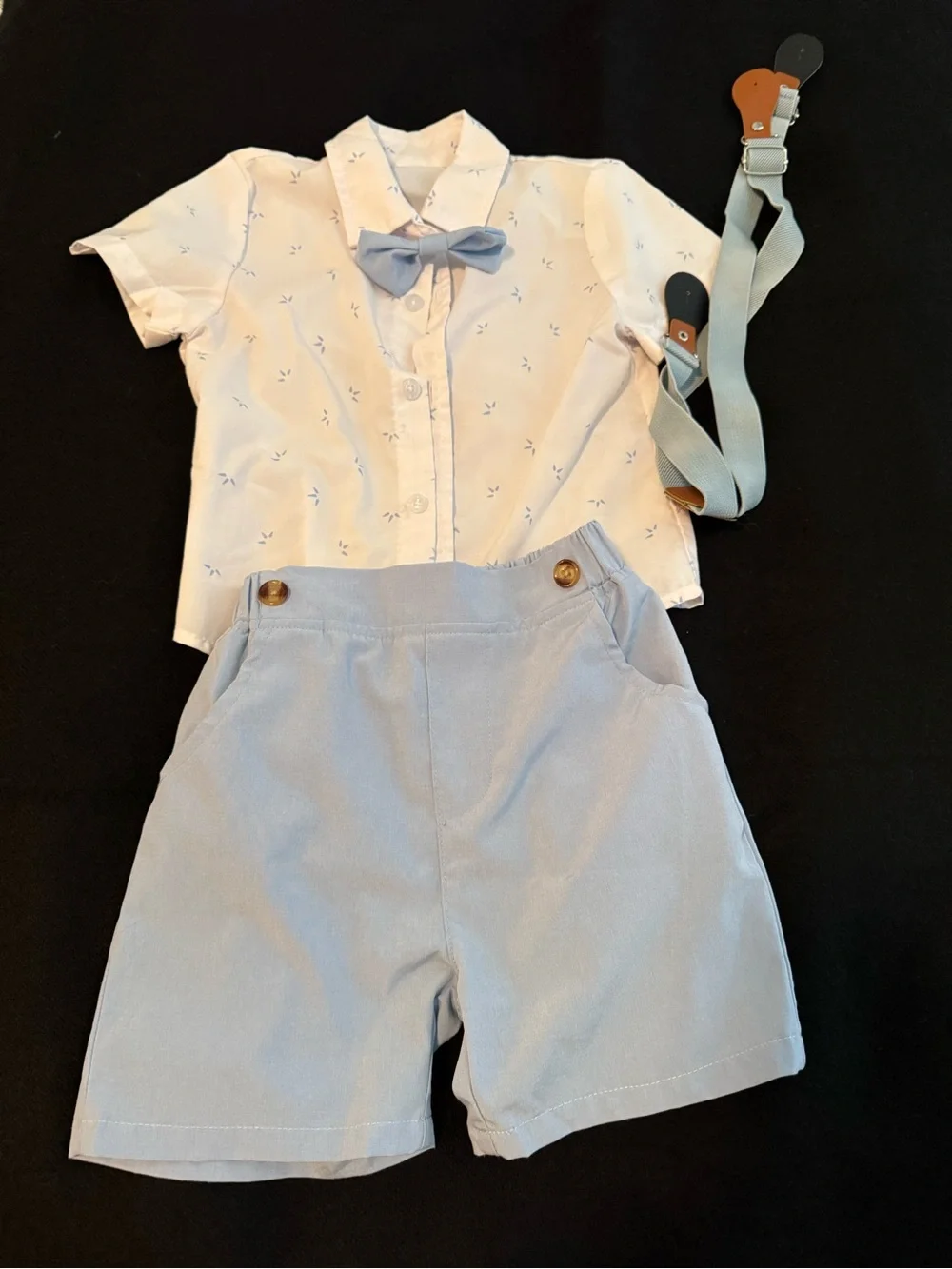 Boys Light Blue Shorts & Shirt Set with Bow Tie and suspenders + Shoes